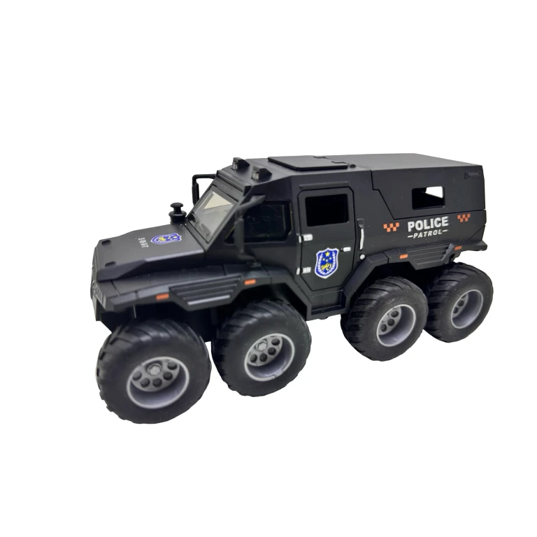 Mașină de poliție blindată neagra 8x8 din plastic cu lumini sunete și trapă deschizabilă