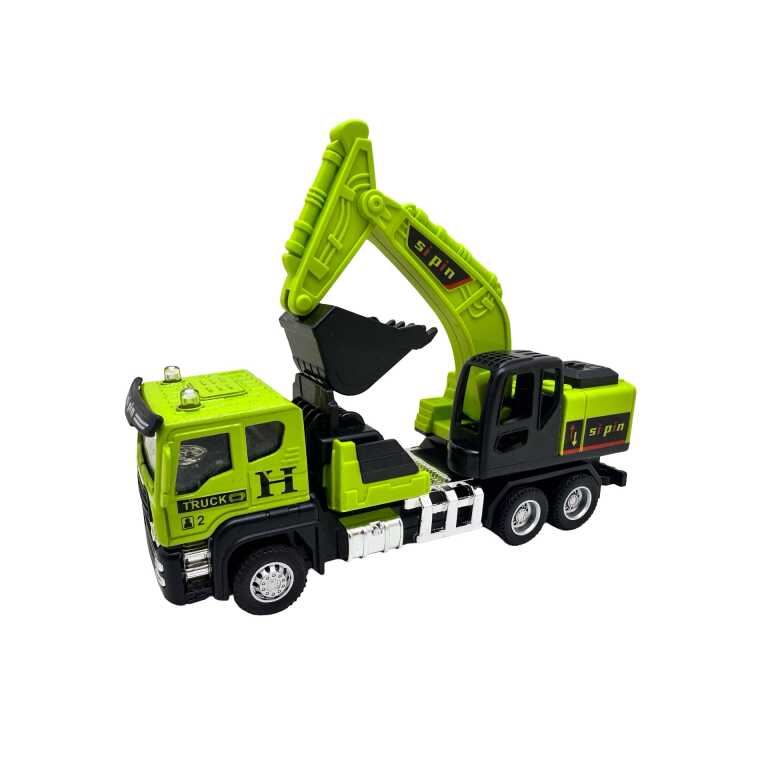 Machetă camion cu excavator 15 cm cabină metalică braț și cupă mobile