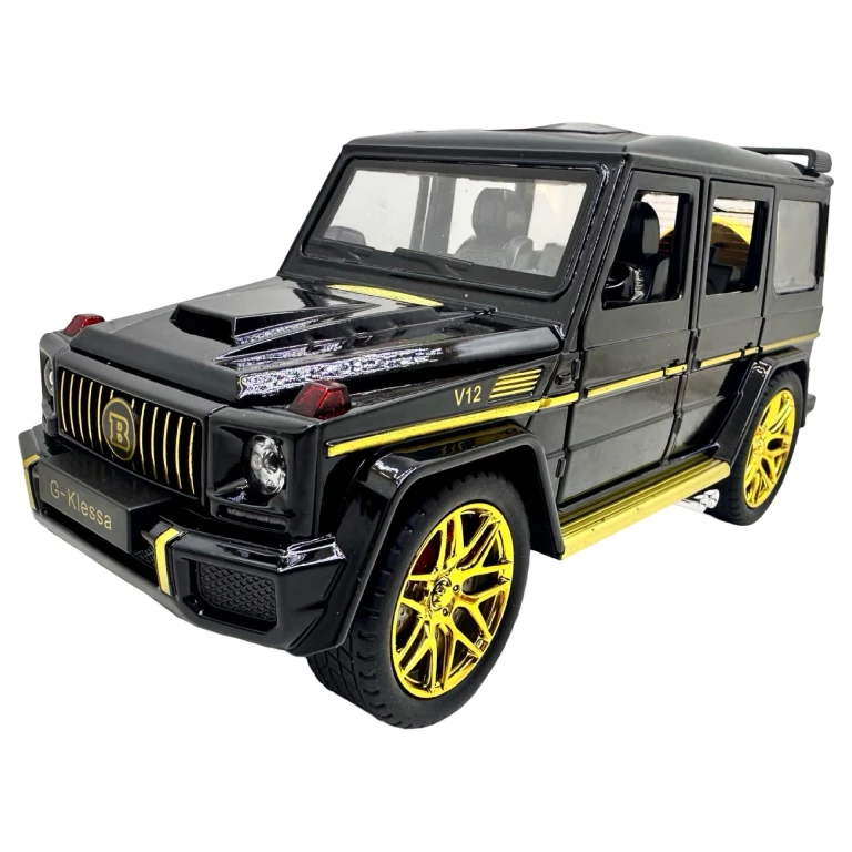 Mașină cu telecomandă Mercedes G Class G63 negru cu acumulator detalii aurii scara 1:24 caroserie metalică și elemente deschizabile