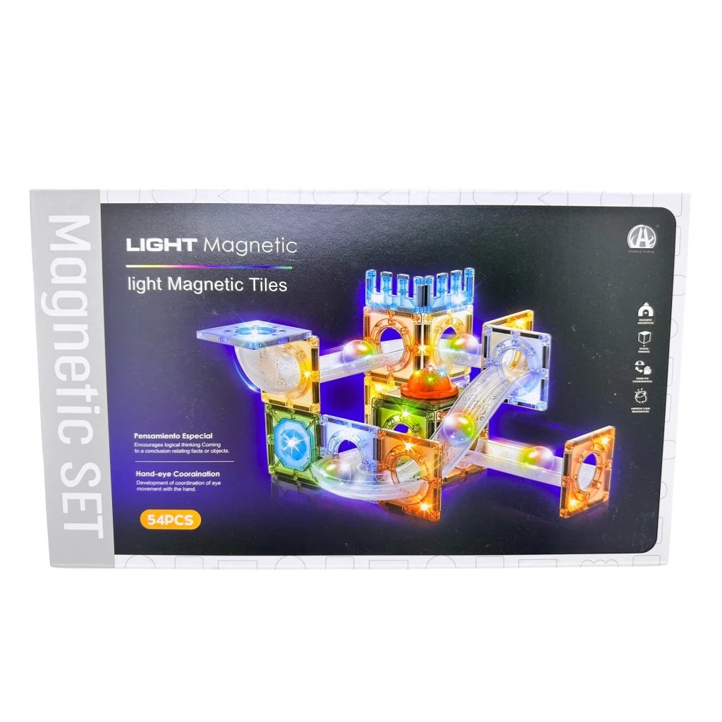 Set construcție magnetic cu lumini și traseu pentru bile – 54 piese