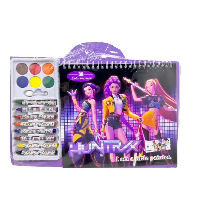 Set de colorat Kpop 3D HUNTER cu caiet acuarele și creioane cerate