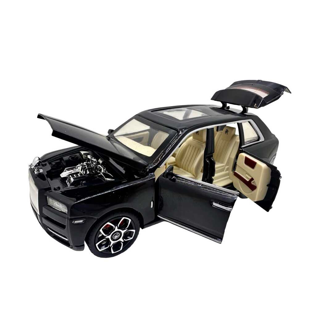 Machetă metal Rolls Royce Cullinan 1:24 de lux negru cu efect de fum lumini sunete uși/capotă/portbagaj funcționale și mecanism pull back