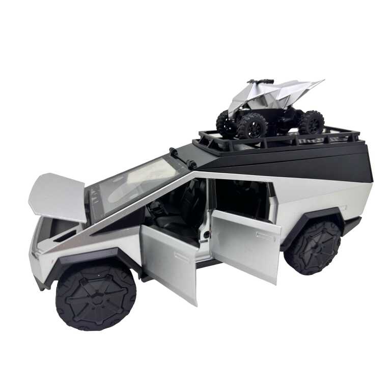 Macheta Tesla Cybertruck argintie cu ATV detașabil scara 1:24 cu lumini sunete și mecanism pull back