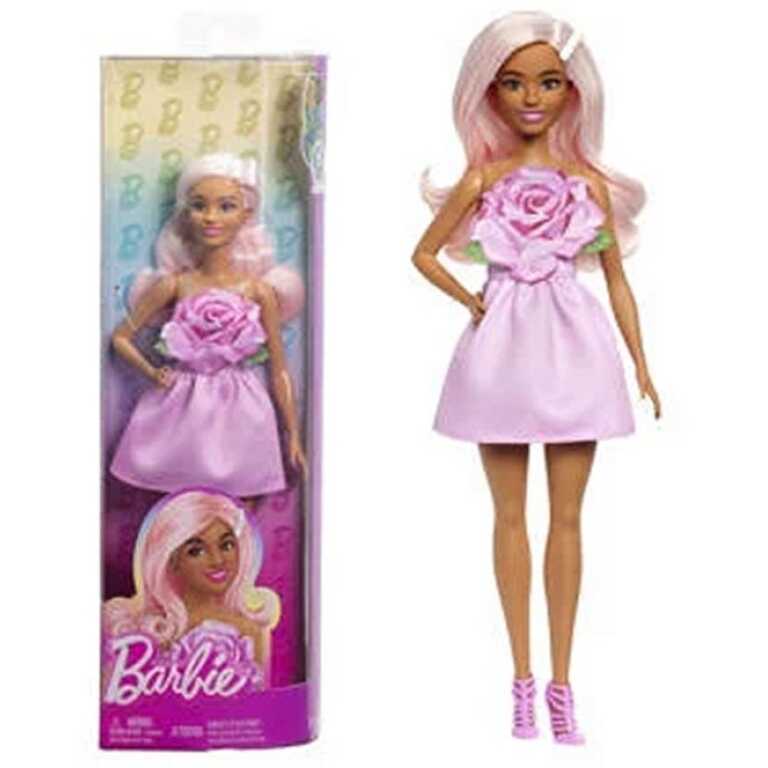 Papusa Barbie Fashionistas cu rochie roz cu trandafir si par roz Mattel
