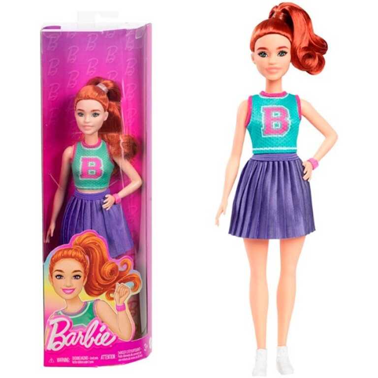 Papusa Barbie Fashionistas cu tinuta sport fusta plisata si par roscat Mattel