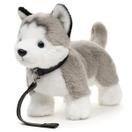 Jucarie de plus catelus Husky gri in picioare cu zgarda si lesa 30 cm