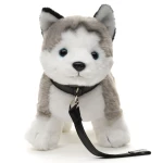 Jucarie de plus catelus Husky gri in picioare cu zgarda si lesa 30 cm - imagine 3