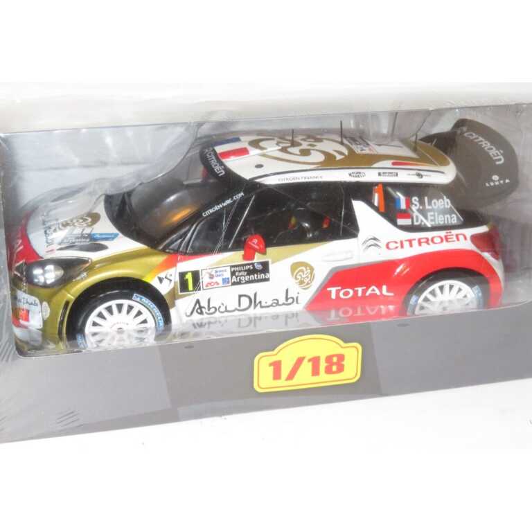 Macheta auto Citroen DS3 WRC Loeb-Elena scara 1:18 alb rosu si auriu