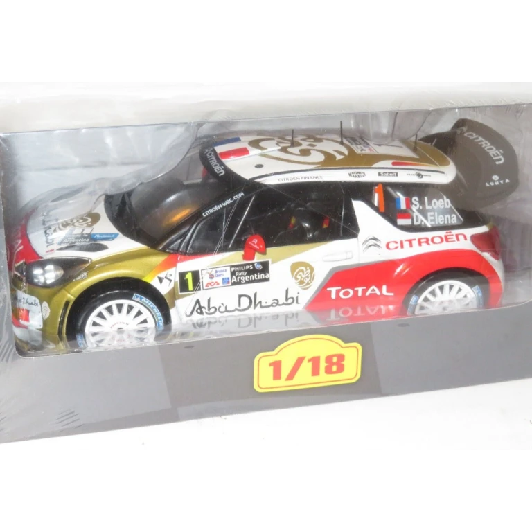 Macheta auto Citroen DS3 WRC Loeb-Elena scara 1:18 alb rosu si auriu