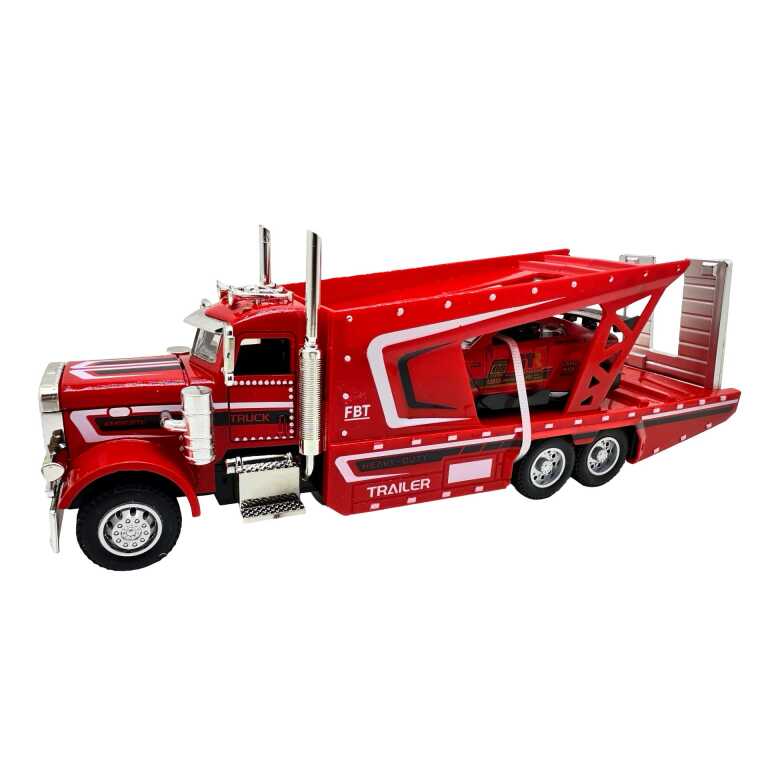 Macheta metal Camion transportor auto roșu cu mașinuță sport 1:43 rampă lumini și sunete