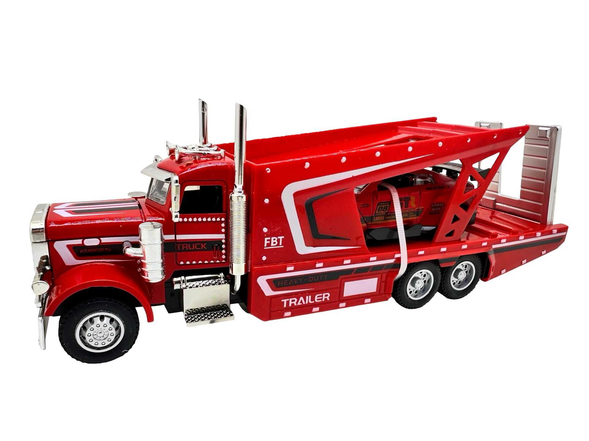 WhatsApp Image 2026-09-04 at 15.46.55 (1) Macheta metal Camion transportor auto roșu cu mașinuță sport 1:43 rampă lumini și sunete
