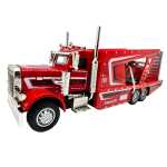 Macheta metal Camion transportor auto roșu cu mașinuță sport 1:43 rampă lumini și sunete - imagine 4