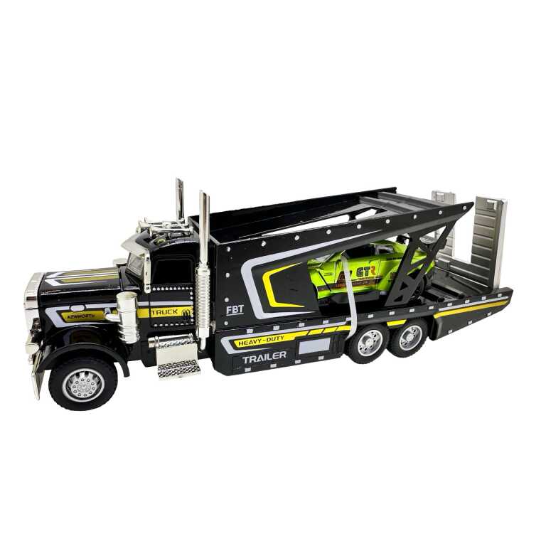 Macheta metal si plastic Camion transportor auto cu mașinuță sport 1:43 rampă lumini și sunete