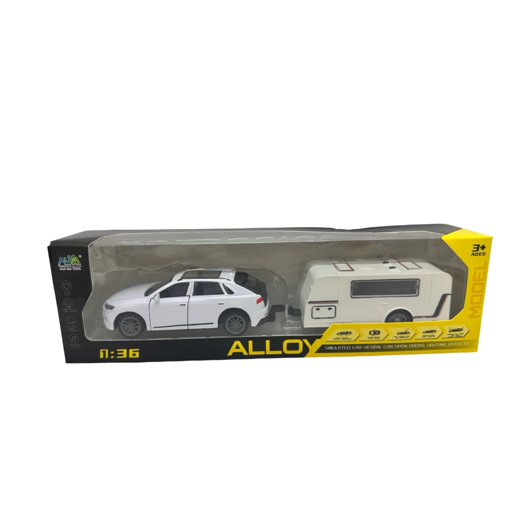 Set machetă Audi Q8 cu rulotă 1:36 metal si plastic lumini și sunete