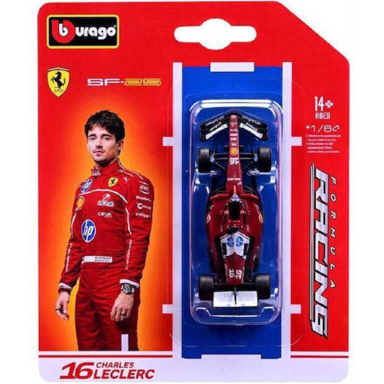 Macheta auto Formula 1 Bburago Ferrari SF-25 2025 nr.16 Charles Leclerc scara 1:64 echipa Scuderia Ferrari rosu