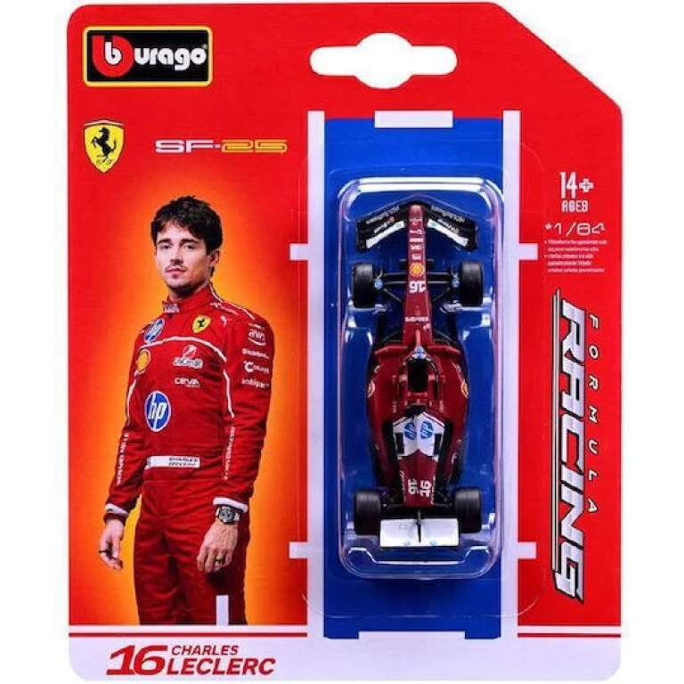 Macheta auto Formula 1 Bburago Ferrari SF-25 2025 nr.16 Charles Leclerc scara 1:64 echipa Scuderia Ferrari rosu