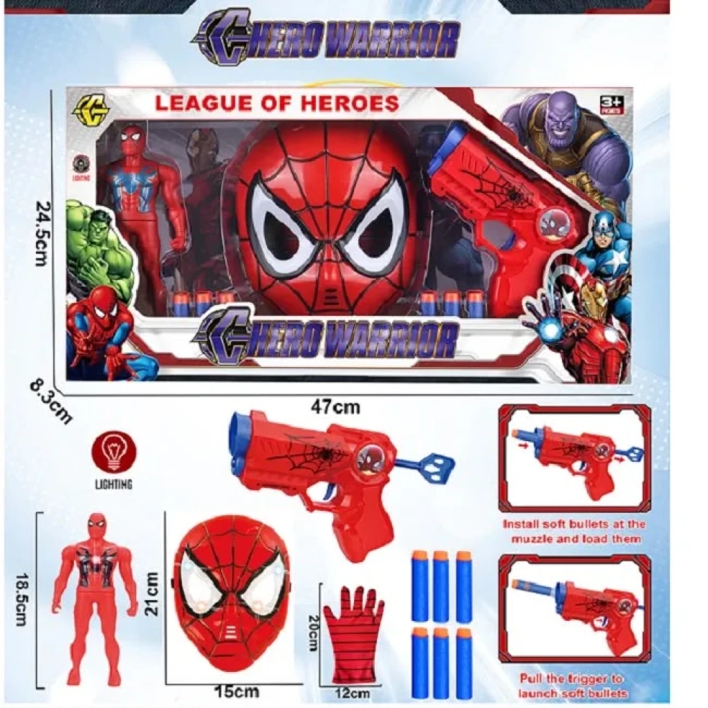 Set Spider-Man Hero Warrior cu masca figurina pistol cu proiectile moi si manusa lumini