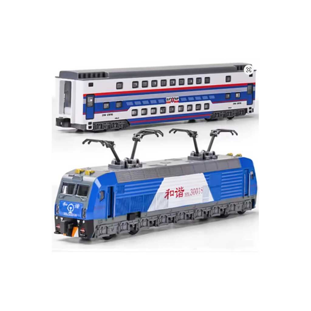 Set tren die-cast cu 3 vagoane locomotiva lumini sunete si functie pull back albastru