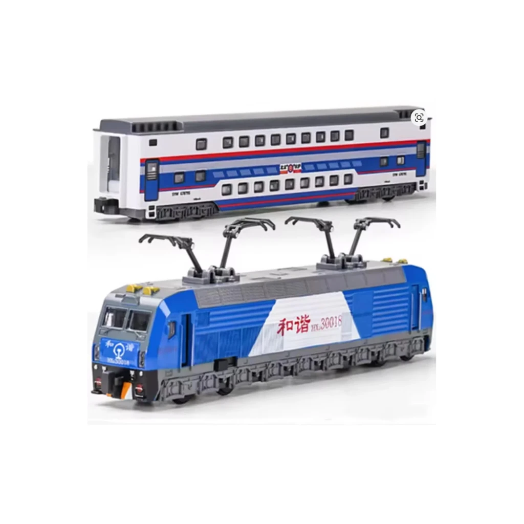 Set tren die-cast cu 3 vagoane locomotiva lumini sunete si functie pull back albastru