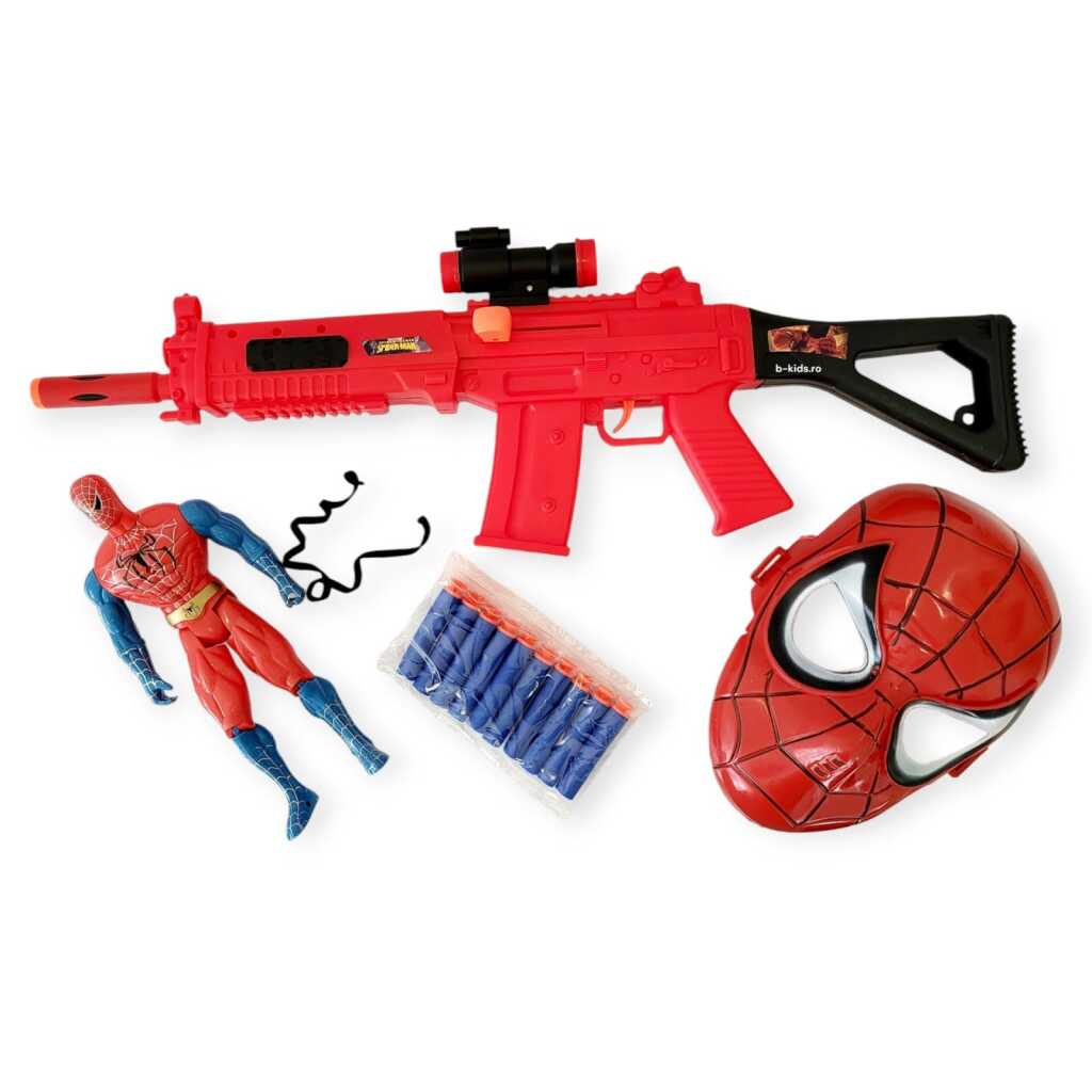 Set Super Hero Spider-Man cu masca figurina pusca cu proiectile moi si accesorii