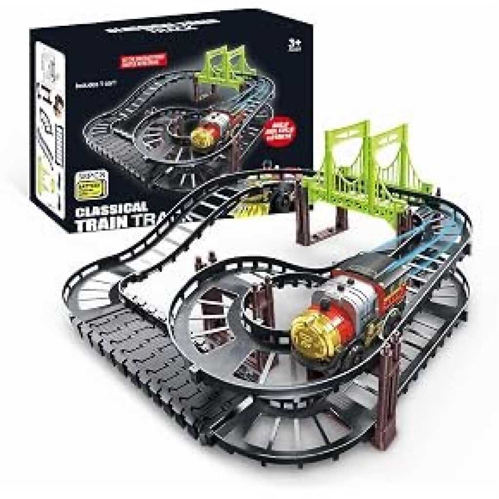 Set circuit tren clasic cu locomotiva electrica 122 piese pod tunel si trasee multiple