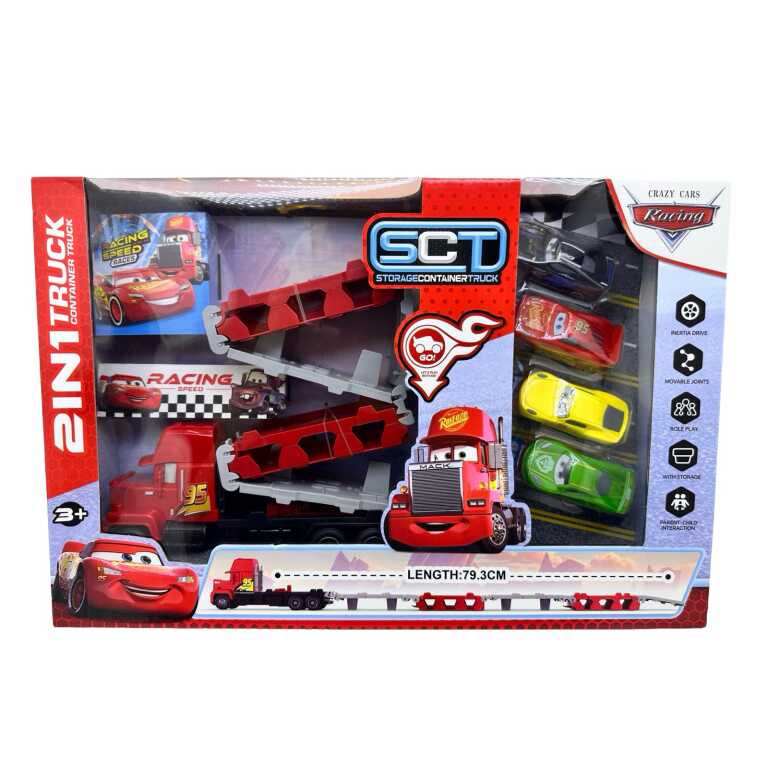 Camion transportor Mack Cars 2 în 1 cu rampă de lansare și 4 mașinuțe
