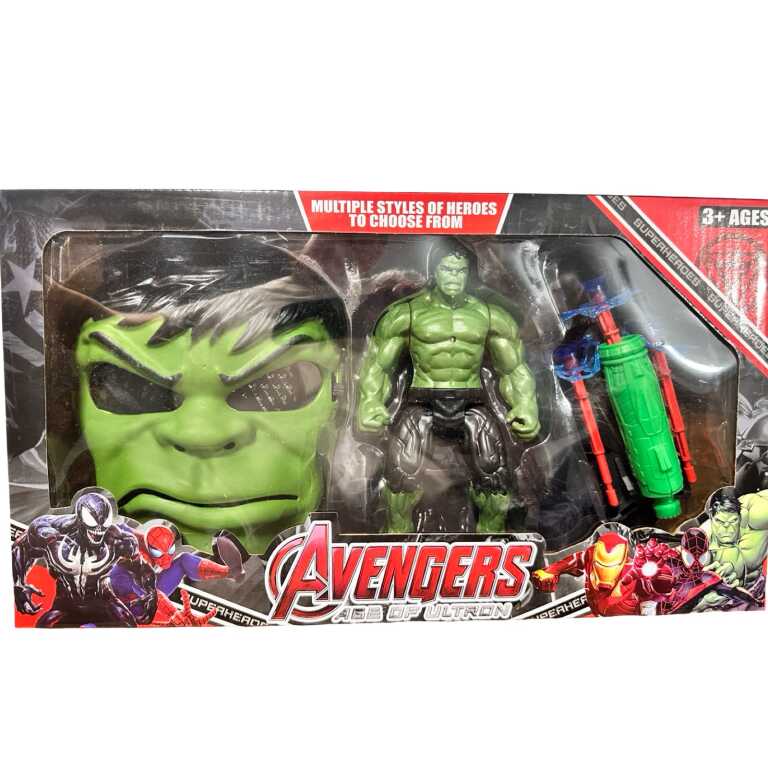Set Hulk cu figurina masca si lansator cu sageti din cauciuc si burete