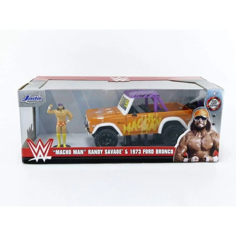 Set de colectie Jada inspirat de celebrul wrestler Macho Man Randy Savage, care include o macheta Ford Bronco 1973 si o figurina tematica. Ford Bronco este realizat intr-un design spectaculos portocaliu, cu grafica Macho Man, elemente mov si aspect off-road. Figurina Randy Savage completeaza setul si il transforma intr-o piesa atractiva pentru fanii WWE, wrestling si vehicule clasice americane. Caracteristici: - Brand: Jada - Model auto: Ford Bronco - An model: 1973 - Tematica: WWE Macho Man Randy Savage - Culoare predominanta: portocaliu - Design off-road - Include figurina Randy Savage - Constructie die-cast cu elemente din plastic - Ambalaj original de prezentare - Varsta recomandata: 8+ - Potrivit pentru colectie si expunere