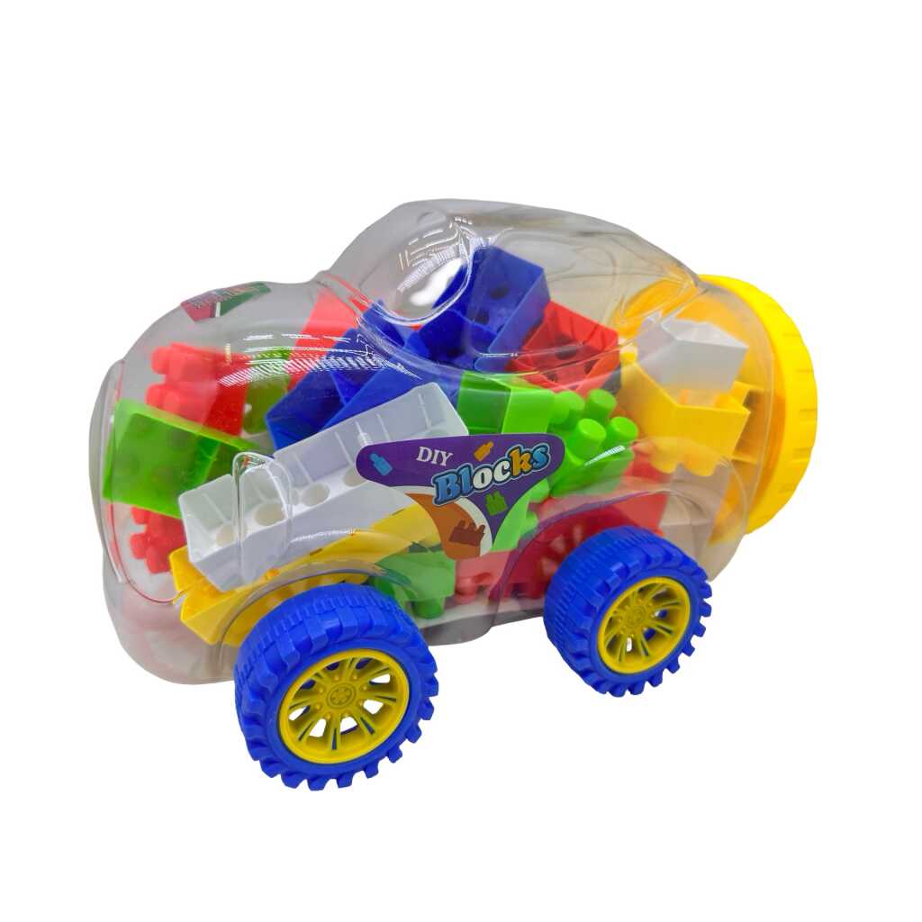 Set cuburi de construit multicolore DIY Blocks in masina cu roti joc educativ pentru copii