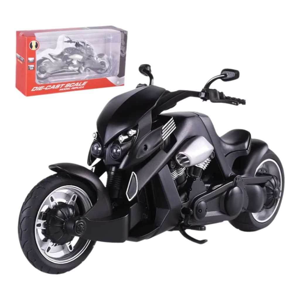 Macheta Motocicleta metalica Chopper Custom 20 cm neagra cu faruri si detalii realiste