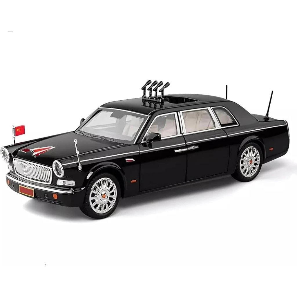 Macheta Limuzina prezidentiala Hongqi Red Flag metal 1:24 neagra 22cm cu lumini sunete si usi mobile
