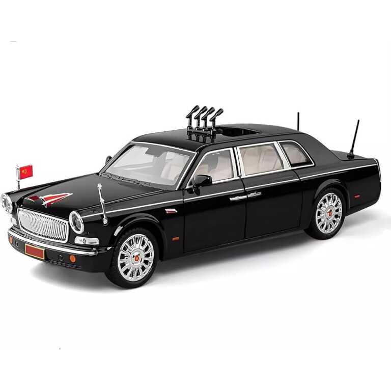 Macheta Limuzina prezidentiala Hongqi Red Flag metal 1:24 neagra 22cm cu lumini sunete si usi mobile