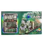 Trenulet electric cu aburi lumini si sunete locomotiva verde cu 2 vagoane si dinozaur sine si accesorii