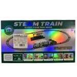 Trenulet electric cu aburi lumini si sunete locomotiva verde cu 2 vagoane si dinozaur sine si accesorii - imagine 2