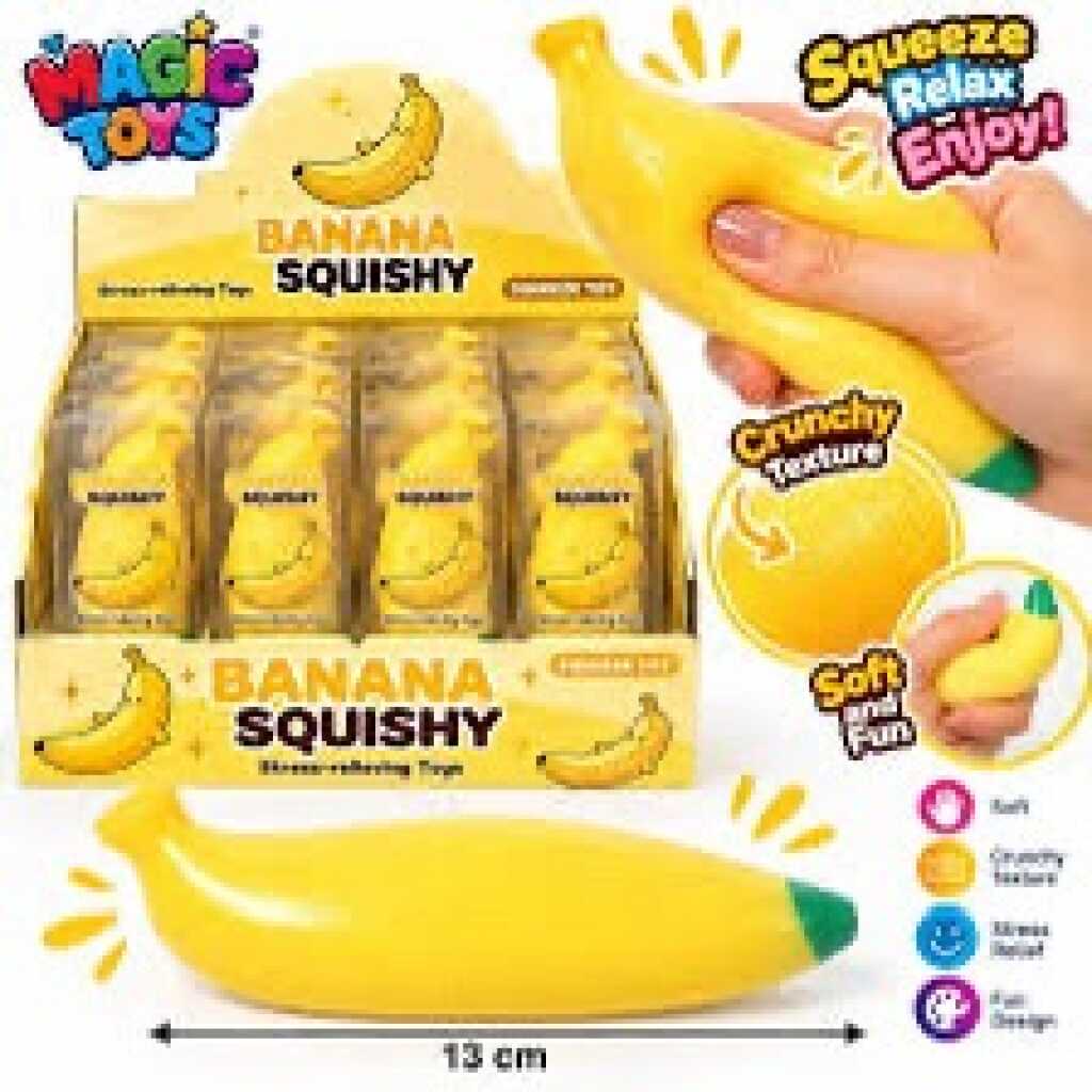 Jucarie antistres Squishy Banana Crunchy moale si elastica 13 cm galbena